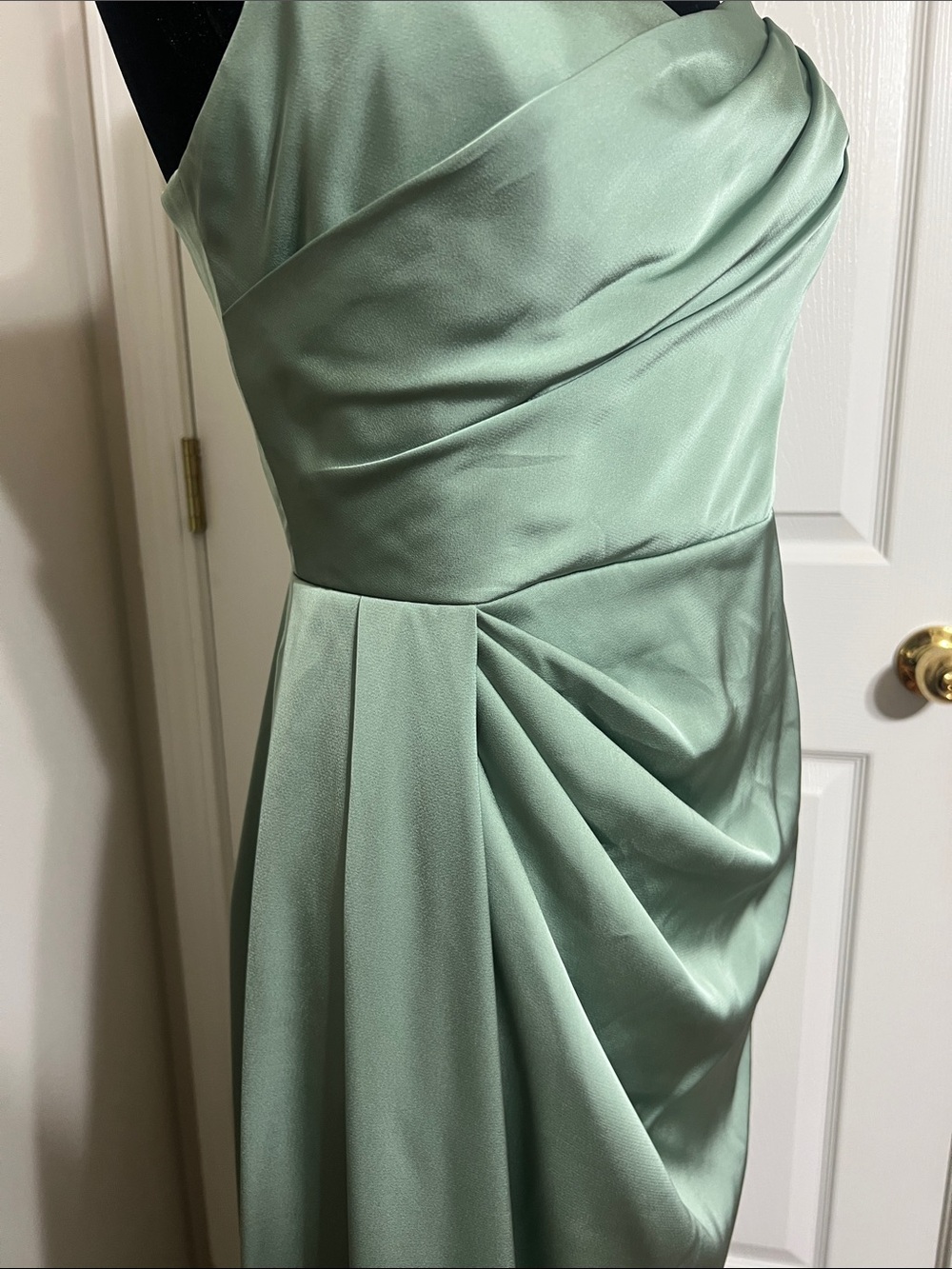 Azazie Sage Green Satin Draped Spaghetti Strap Gown - Picture 5 of 16
